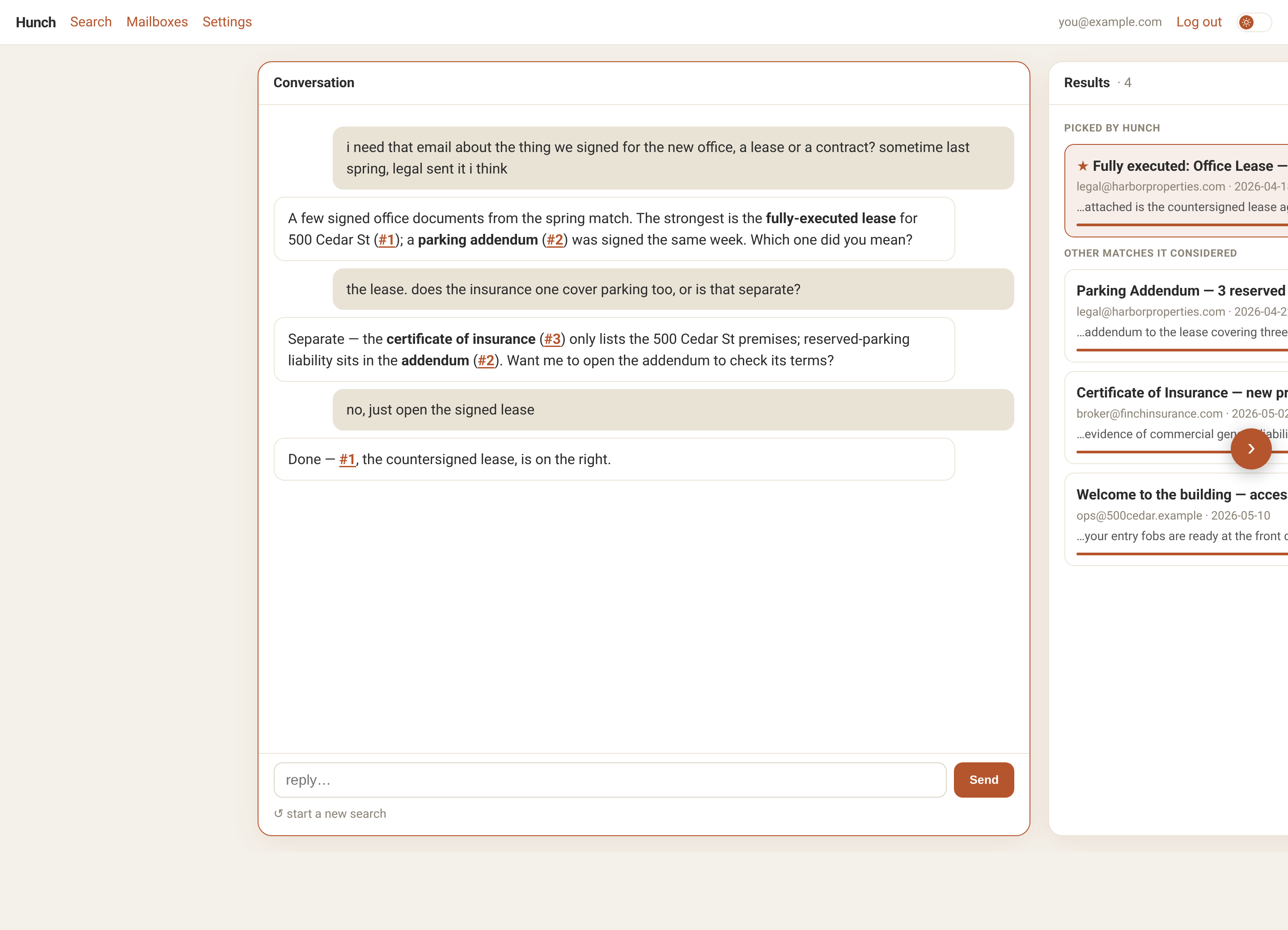 Hunch resolving a vague search for a signed office lease: a conversation pane, live-ranked results with match scores, and the opened email side by side