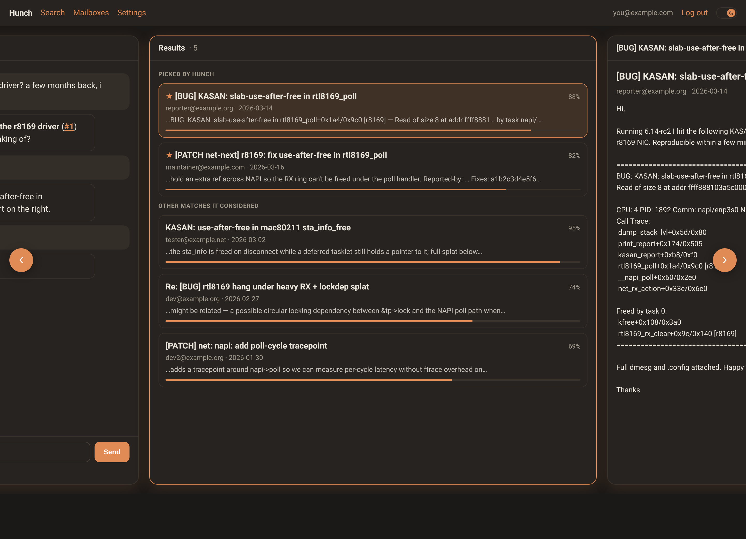 Finding a half-remembered kernel bug in an LKML archive: narrowing from a vague 'use-after-free in the net stack' to the specific r8169 driver report, in dark mode