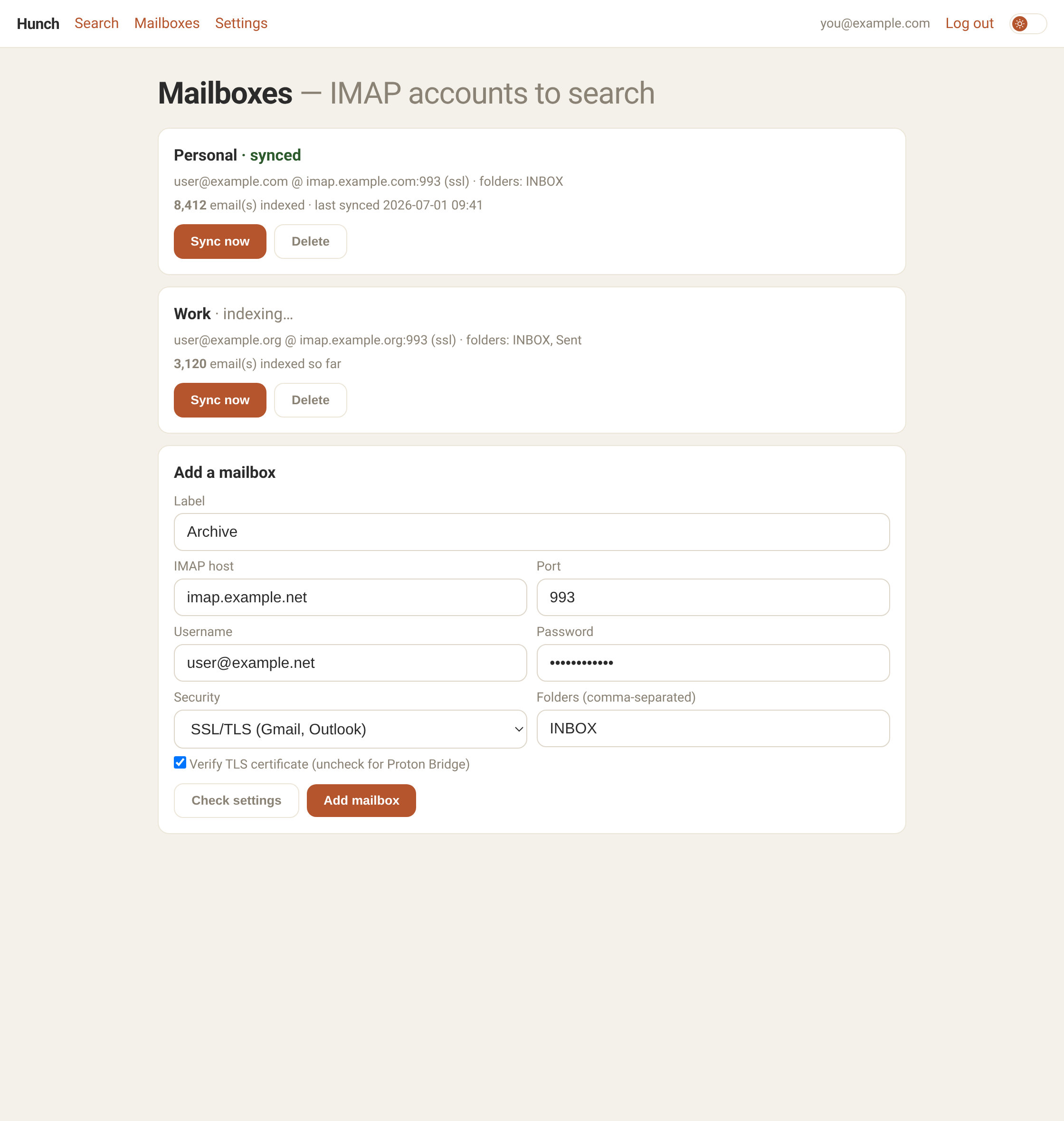 The Mailboxes screen showing two connected IMAP accounts with sync status and indexed counts, plus the add-mailbox form